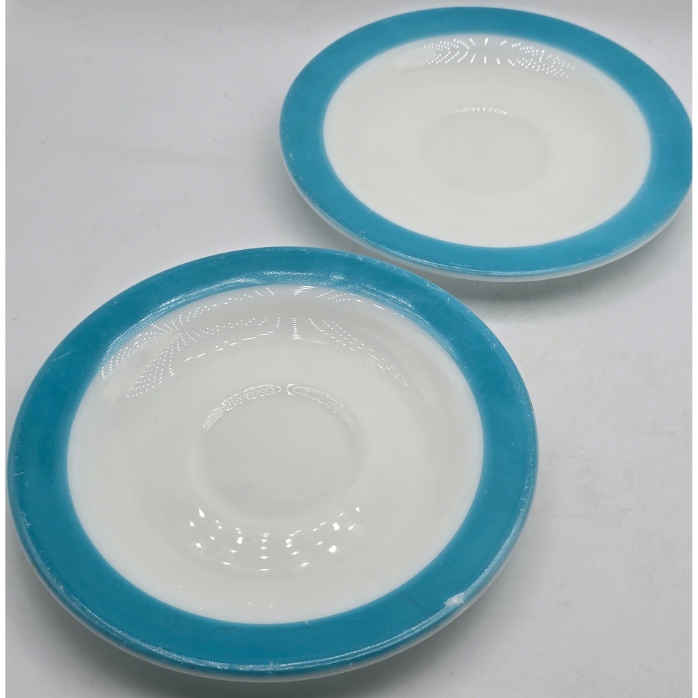 Vintage Pyrex Saucer Plates 6" Turquoise Teal Band White Milk Glass Set of 2